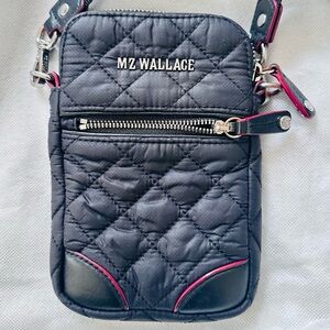 MZ Wallace Black Quilted Crossbody with Pink Trim Phone Holder